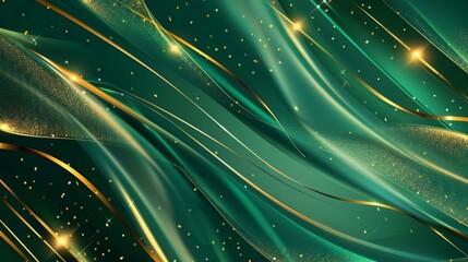 Fototapete - This green background modern features abstract emerald and golden lines with a glow effect. It is perfect for poster designs, ads, sale banners, business presentations, and packaging designs.