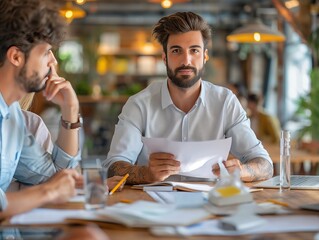 A man with a beard is sitting at a table with a white shirt and a piece of paper. He is looking at the paper and he is focused. The scene suggests a meeting or discussion taking place