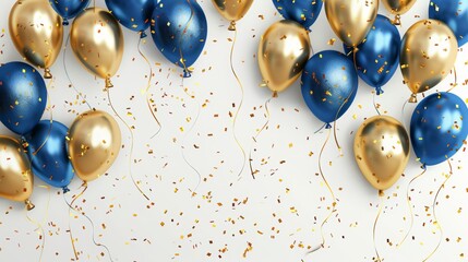 Aufkleber - Gold and blue foil balloons with confetti in white background modern. 3D realistic modern illustration for anniversary, birthday, sale and promotion, party design element.