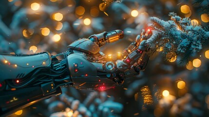 Poster - An AI, or artificial intelligence, greets the new year. Merry Christmas and Happy New Year Background in modern technology style. Christmas decoration in cyborg arm. Robot hand decorating christmas