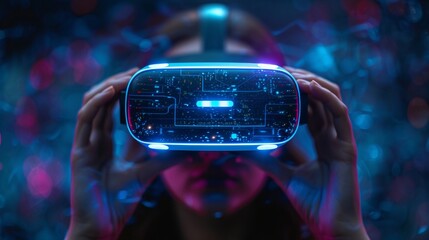 Aufkleber - The hand of a VR controller is held high up by a 3D video gamer as he grips a virtual reality gamepad. A VR joystick controller is held in the hand of the VR gamer. VR, AR concept.
