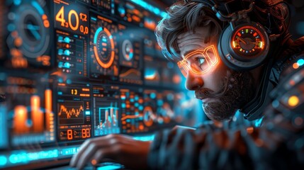Leinwandbilder - 3D modern character of stock exchange trader on screen laptop. 3D cartoon smiling man showing on stock growth chart. Profit chart for stock market trader on screen laptop.