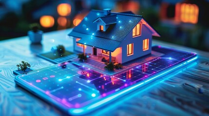 Wall Mural - A smart home icon over a smartphone screen. An isometric illustration of a smart home system. Remote control of a household via an app on a smart phone for internet-of-things purposes.