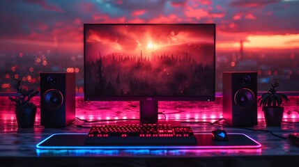 Fototapete - Luminous case of gaming PC with empty monitor, keyboard on desk. Neon light of gaming PC. Desktop computer with blank screen. RGB lit gamer rig.