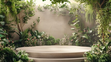 Aufkleber - An abstract garden scene with natural beauty as a backdrop for an exhibition podium...