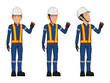 set of worker in the postion of raising hand to touch some thing on white background