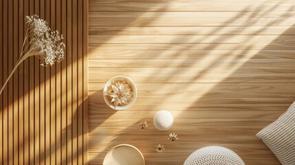 Leinwandbilder - Natural Duotone background with Wood texture. Spring summer concept with flat lay. Top view. 3D render.