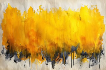 Poster - This expansive painting features energetic yellow tones with hints of black and orange, embodying a lively abstract landscape