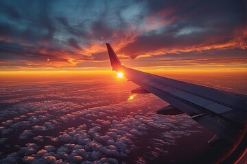 Fototapete - A serene sunset scene with cloudscape captured from an airplane, the wing cutting through a majestic orange sky