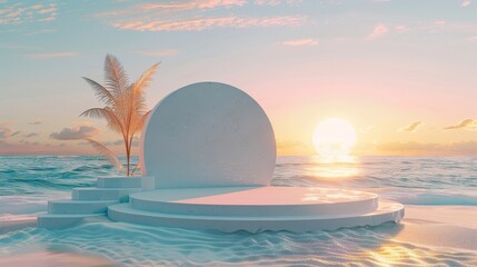 Aufkleber - A summer beach scene with a podium background in 3D.