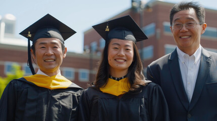 Sticker - Two men and a woman wearing black graduation gowns stand together, smiling with a university campus in the background