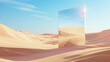Desert landscape with sand and square mirror under the clear blue sky