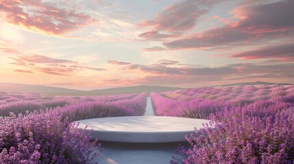Poster - Background for podium with lavender field in natural beauty. 3D rendering.