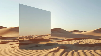 Desert landscape with sand and square mirror under the clear blue sky