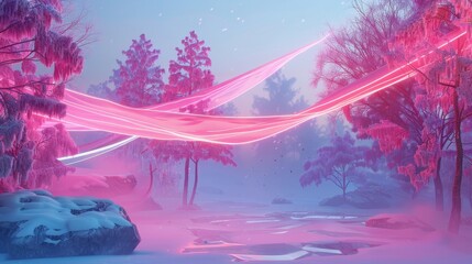 Canvas Print - A 3D rendering of an abstract winter landscape scene with flying cloth and neon lights.