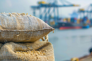 Wall Mural - Photo of sack of grain standing on the shore of port. Close-up photo. Ship is visible on the background. Concept of food delivery by sea