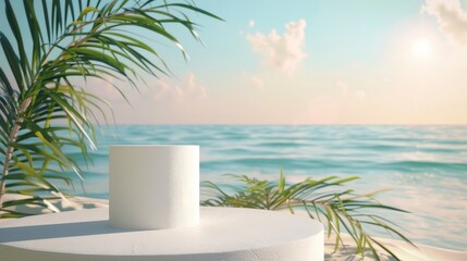 Canvas Print - Summer beach backdrop with white cylinder box and palm tree for product display. 3D summer scene. View of the sea.