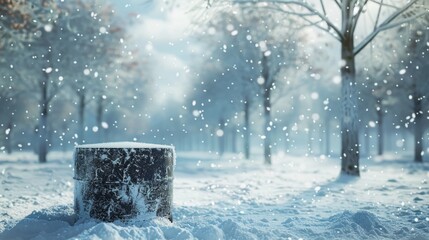 Poster - 3D rendering of a cylinder box against a snowy backdrop. Winter scene.