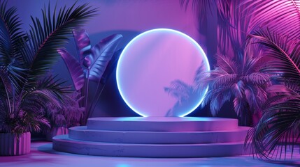 Canvas Print - This 3D render shows a beauty fashion podium backdrop with tropical palm leaves and neon lighting.