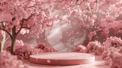Poster - Three-dimensional rendering of a natural beauty podium backdrop with spring sakura cherry blossom trees.