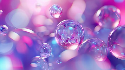 Leinwandbilder - Background of abstract 3D art with floating holographic liquid blobs and soap bubbles.