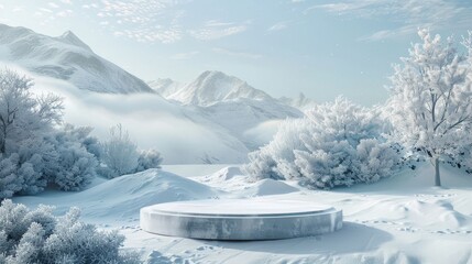 Poster - Scene with a podium displaying products in winter. 3D rendering