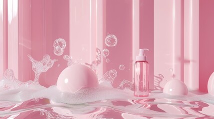 Leinwandbilder - Background with glossy water bubbles and a fashion beauty product stand. 3D rendering.