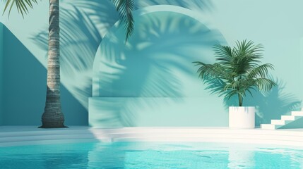 Poster - An idyllic summer scene with a white board podium and palm trees on a blue background. Rendering in 3D.