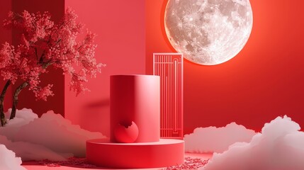 Fototapete - Three-dimensional rendering of cylinder box with full moon background. Chinese Mid Autumn Festival background.