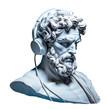bust of an ancient marble statue with modern headphones isolated