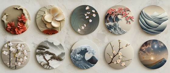 Poster - Japanese Cherry Blossom flower, bamboo, bonsai and wave object moderns in a vintage style Asian circle icon set.