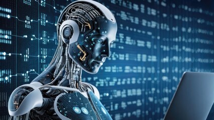 Poster - A robot is sitting in front of a computer screen. The robot is wearing a white shirt and has a blue face. The robot appears to be using the computer to do something
