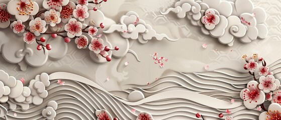 Poster - There are cherry blossoms, clouds and curve elements in this Japanese template with Geometric pattern moderns.