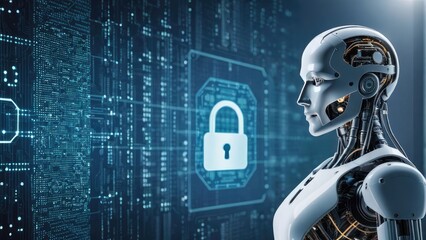Poster - A robot with a key on its chest is standing in front of a computer screen with a lock on it