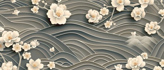 Aufkleber - Camelia flower pattern with Asian traditional banner design in vintage style. Japanese background with line pattern modern.