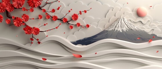 Poster - Icon and symbol with Japanese wave pattern modern. Asian object with circle shape. Fuji mountain, Camellia flower, bamboo and cloud.