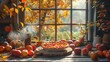 Autumnal Kitchen Scene with Steamy Apple Pie, generative ai