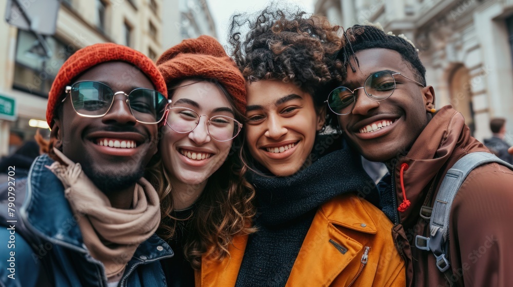 All Racial Group Multi racial group of young people taking selfie portrait outside ...