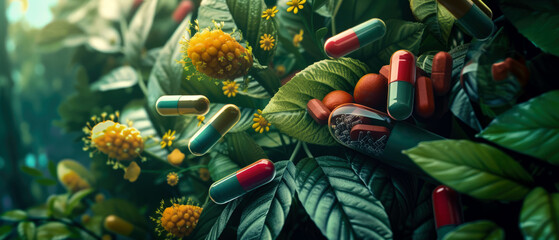  Nutritional supplement background. Capsules or pills on the green leaf. Mockup for heals supporting, vitamins. Herbal organic medicine treatment. Generative ai