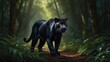A silently stalking panther, its glossy fur melding into the shadows of the dense jungle undergrowth. This lifelike image, whether a hyper-realistic painting or a stunning photograph, captures the sle