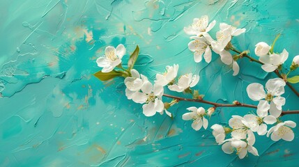 Sticker - Spring blossom branch with white flowers on turquoise background