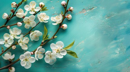 Sticker - Spring blossom branch with white flowers on turquoise background