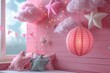 A whimsical kids' bedroom in pink with cloud-shaped pillows, paper windmills, and glowing lantern