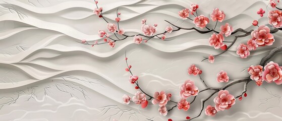 Leinwandbilder - An invitation card, wedding card, or ceremony card with a Japanese pattern modern. Hand drawn cherry blossoms patterned background.