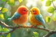 Illustration of two cute, colorful birds facing each other on a branch, seemingly in a loving interaction