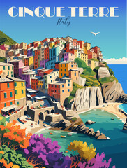 Wall Mural - Cinque Terre, Italy Travel Destination Poster in retro style. Colorful painting of a town in Italy with a blue ocean in the background. European summer vacation, holidays concept. Vector illustration.