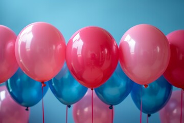 Poster - A collection of vibrant pink and blue balloons fill the frame against a soft blue background, depicting celebration