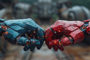 Poster - Close-up image of red and blue robotic hands touching, symbolizing unity,