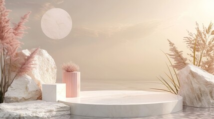 Leinwandbilder - Beautiful natural beauty podium backdrop with cylinder box for cosmetic product display. Abstract 3D composition background with seascape.