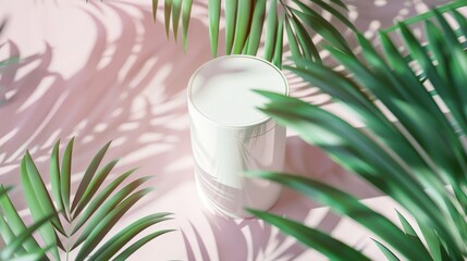 Poster - Empty white cylinder box on summer scene with tropical palm leaves. For cosmetic product display. Flat lay. Top view. 3D render.